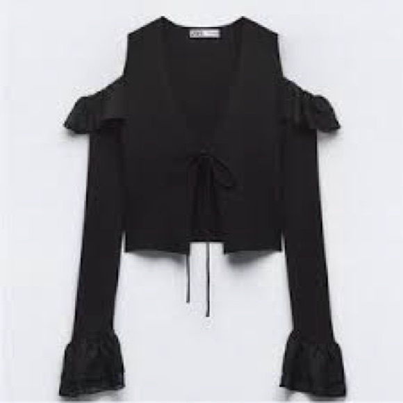 Zara cold shoulder ruffle ribbed knit black v-neck cardigan tie front size small - Picture 5 of 16